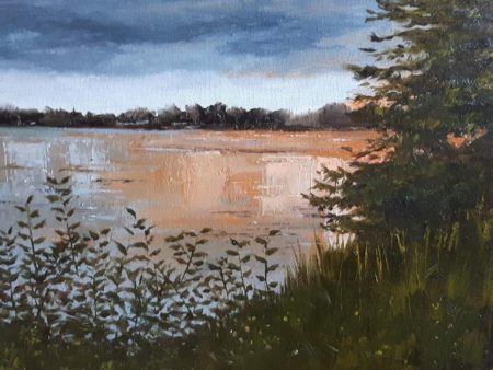 Helen Sklarz, Stormy Lake, Oil on canvas panel, 9 x 12 inches